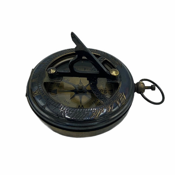 Black 3 " Pocket Sundial Compass in a wood box