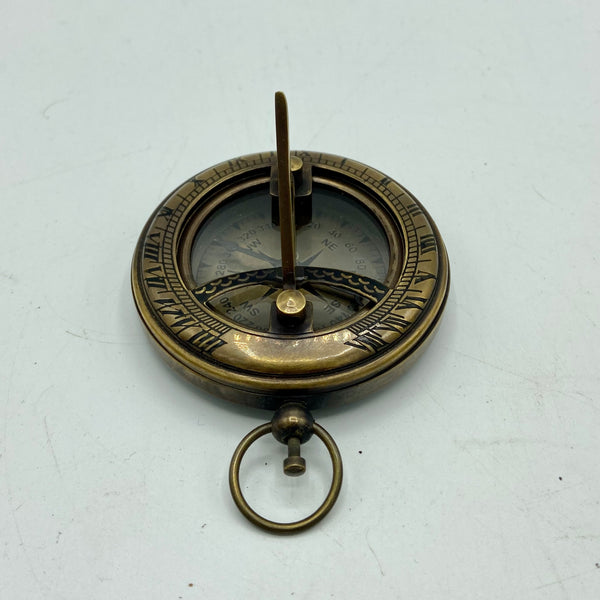 Bronze 3 " Pocket Sundial Compass in a wood box