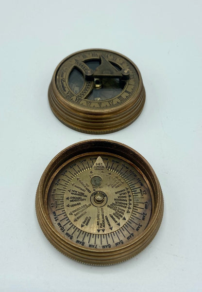 Bronze 2.2" Ship Pocket Sundial Compass in a wood box
