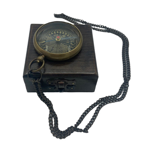 Bronze 2.5 " Locket Compass on a brass chain in a wood box