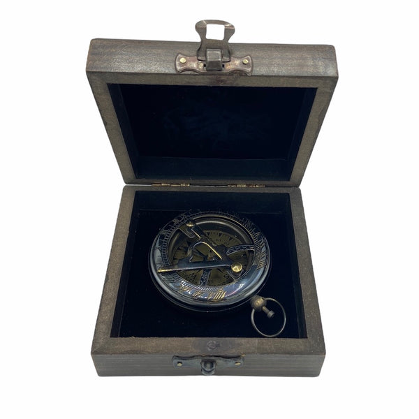 Black 3 " Pocket Sundial Compass in a wood box