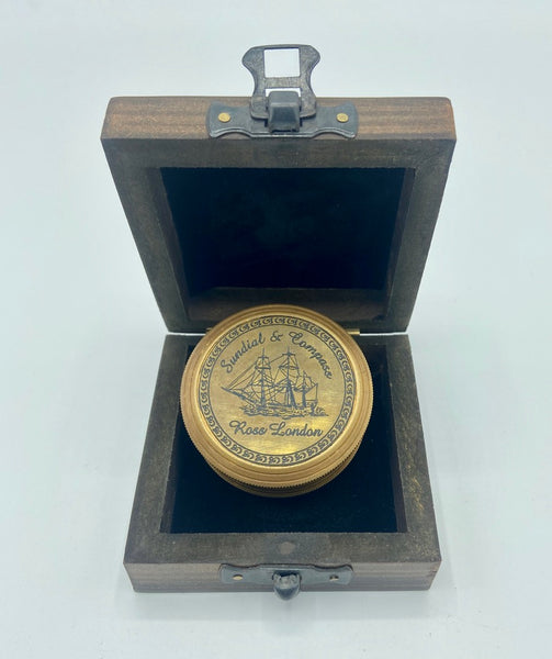 Bronze 2.2" Ship Pocket Sundial Compass in a wood box