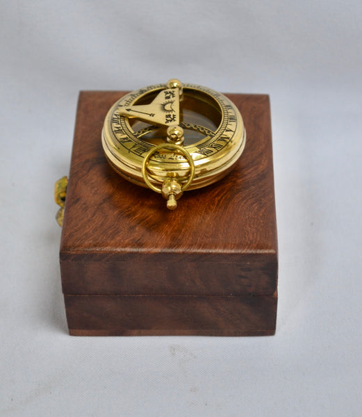 Brass 2" Pocket Sundial Compass in a wood box