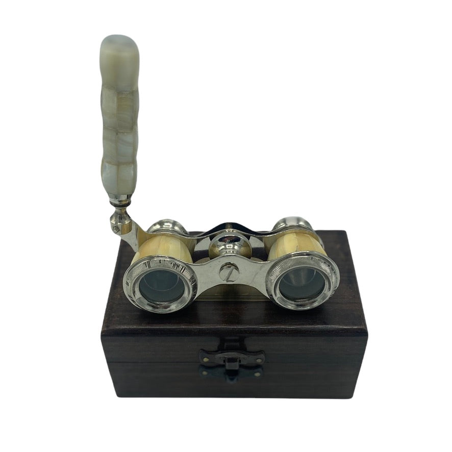 Mother of Pearl & Chrome Opera Glasses in a Wood Box