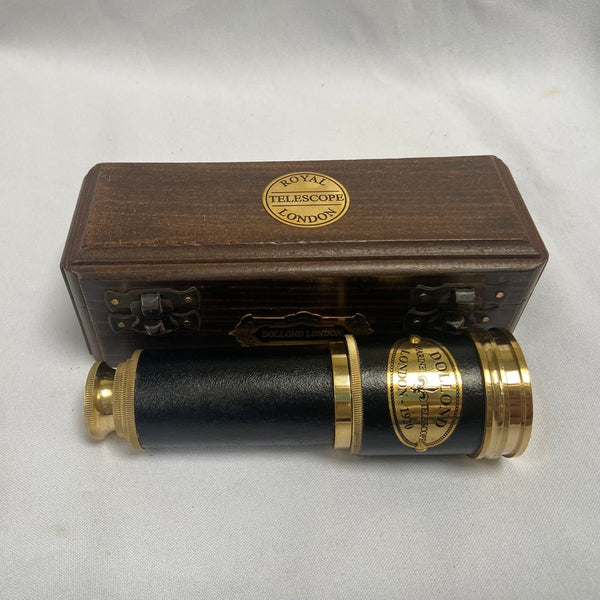 16" Brass with Dark Leather Dolland 4 Draw Telescope in a wood box