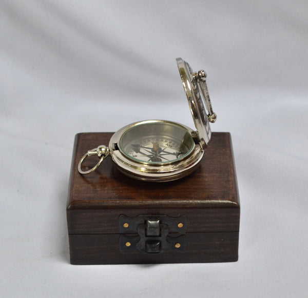 Chrome 2" Pocket Sundial Compass in a wood box