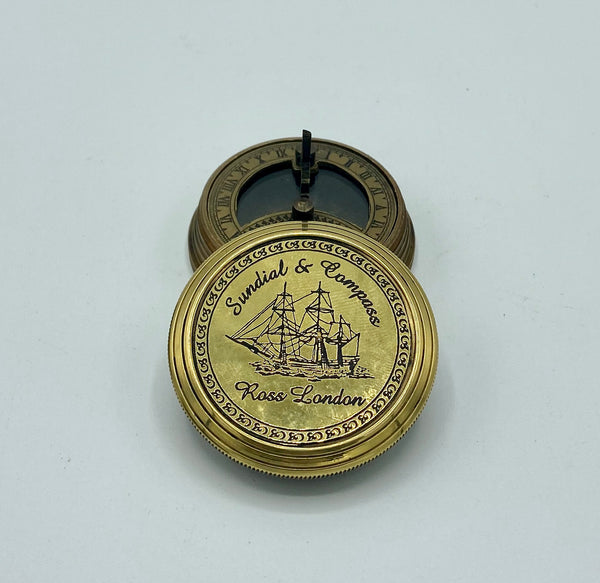 Brass  2.2" Ship Pocket Sundial Compass in a wood box