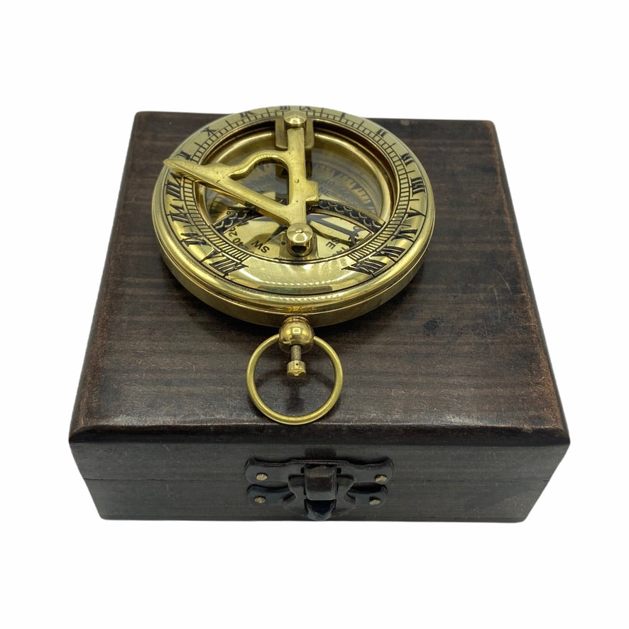 Brass 3 " Pocket Sundial Compass in a wood box