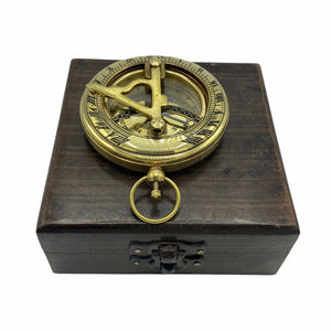 Brass 3 " Pocket Sundial Compass in a wood box