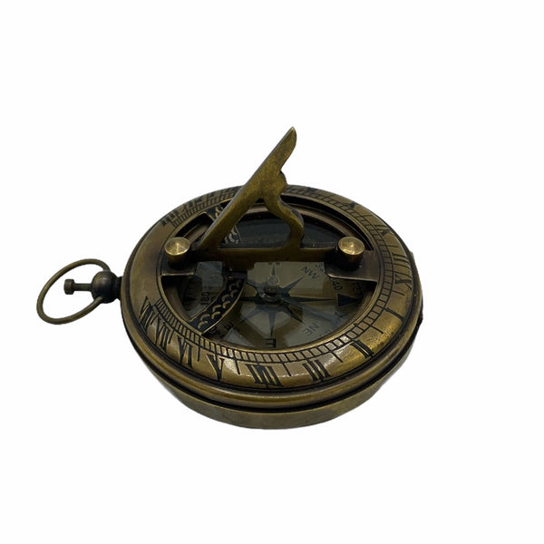 Bronze 3 " Pocket Sundial Compass in a wood box