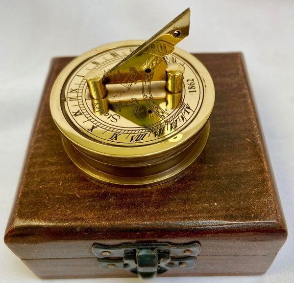 Brass 2" Sunny Day Pocket Sundial Compass in a wood box