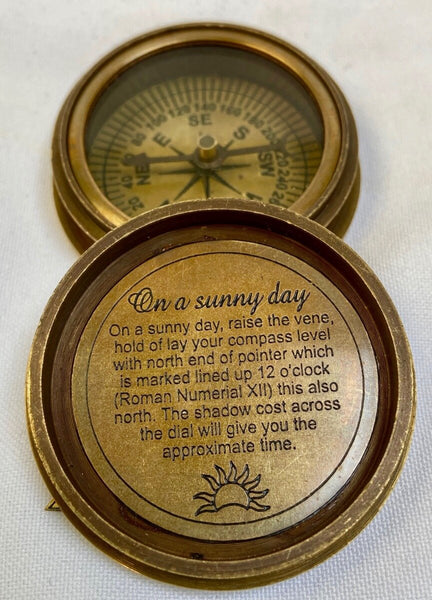 Brass 2" Sunny Day Pocket Sundial Compass in a wood box