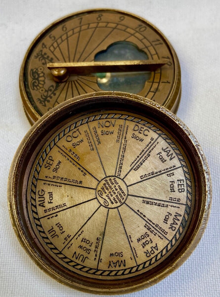 Brass M R Pocket Sundial Compass in a wood box