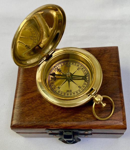 Brass 2" Ship Pocket Compass in a wood box