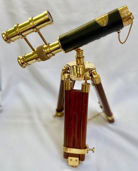 10-inch Brass Leather Double Telescope on a 15-inch Wood & Brass Tripod