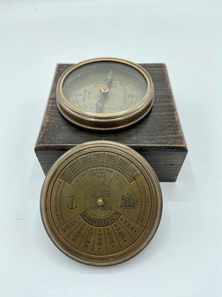3" Large Bronze Calendar Compass in a wood box