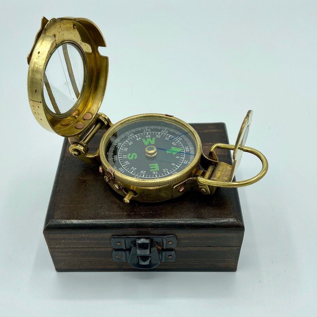 Brass 2.5 Military-Style Lensatic Scout Compass in a wood box