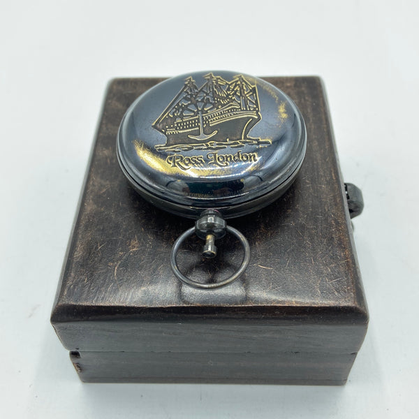 Black 2" Ship Pocket Compass in a wood box