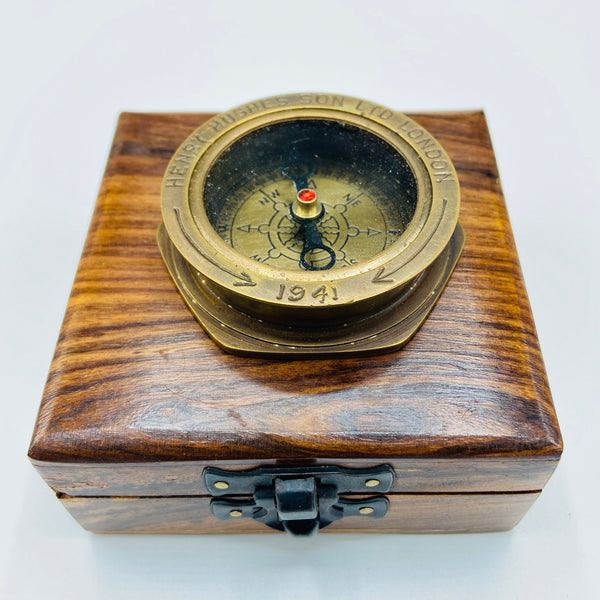 Bronze 2.5" Large Navy Style Compass in a wood box