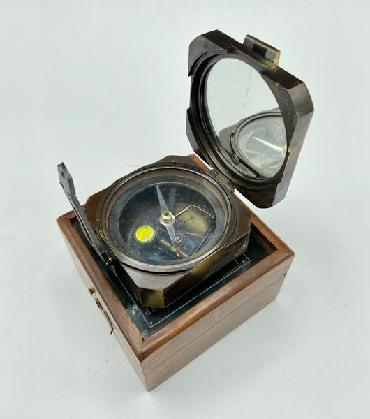 Polished Brass 3.5" Square Brunton  Pocket Transit Surveying or Geology Compass in a Etched Top Glass Wood Box