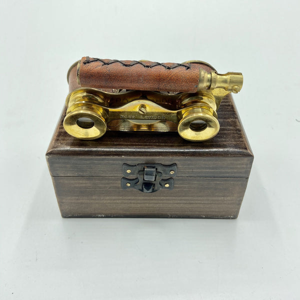 Red Leather Brass Opera Glasses in a Wood Box