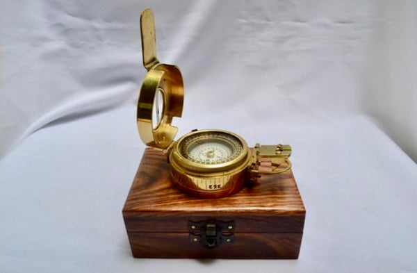 Brass Army Style Prismatic Marching Compass in a Wood box