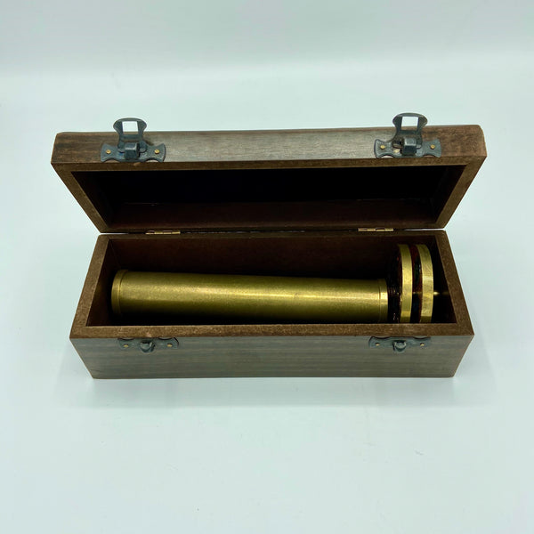 Large 6.3" Long Brass Double Wheel Kaleidoscope in a Wood Box