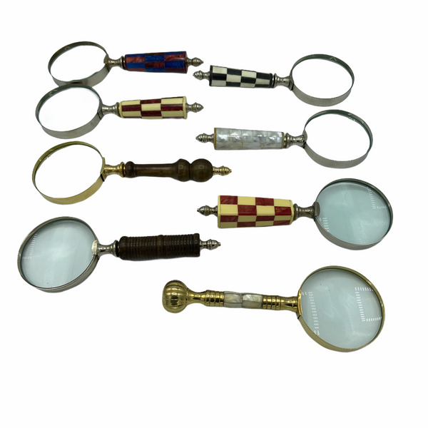 7.5" Brass or Chrome Assorted Handle Magnifers ( 8 Types )