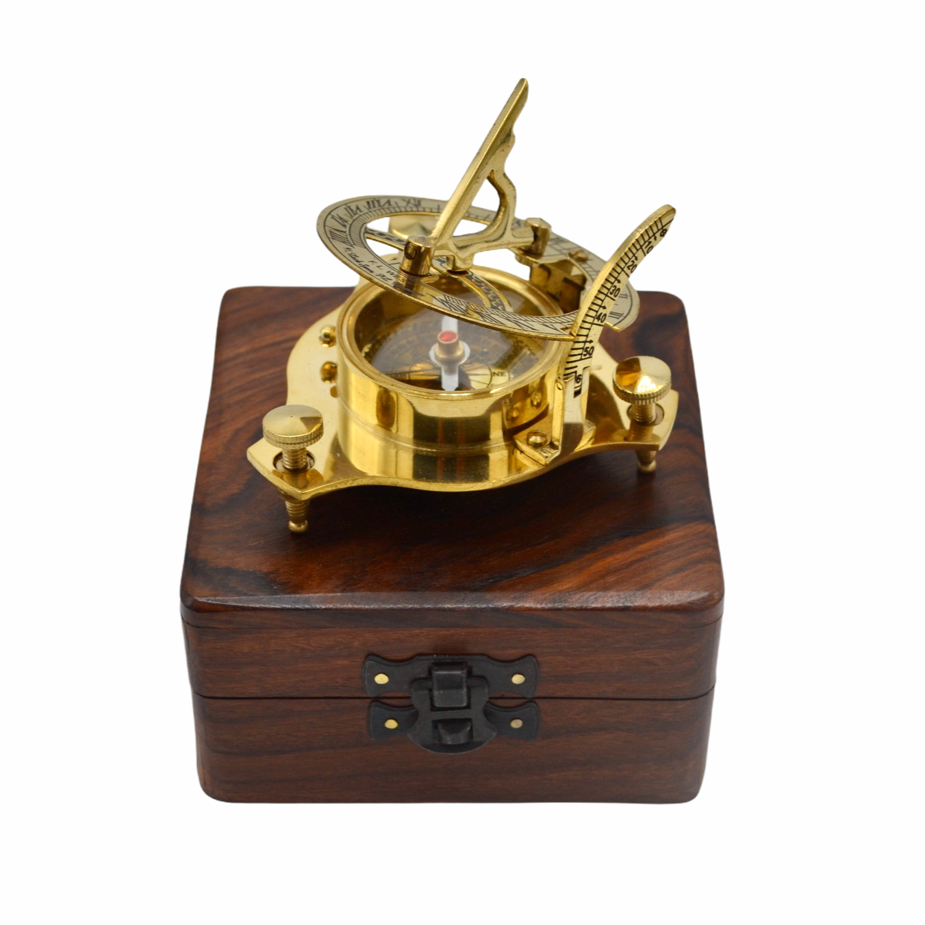 Brass 2.5" Folding Sundial Compass in a Wood Box