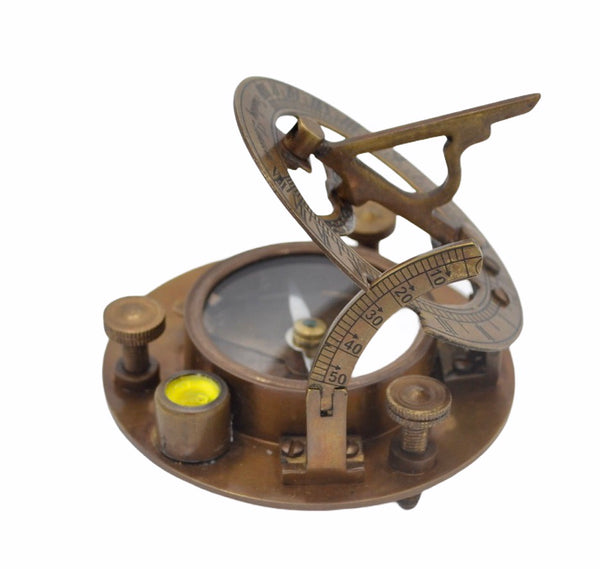 Bronze 3"  Round Folding Sundial Compass in a wood box