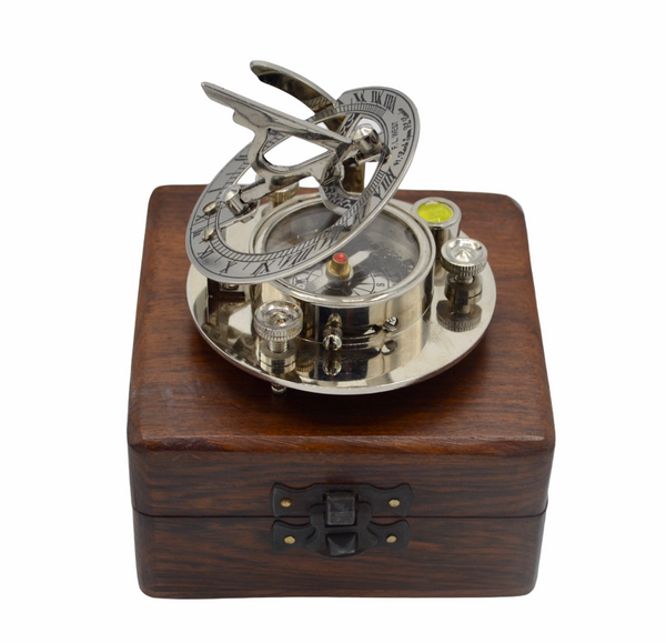 Chrome 3" Round Folding Sundial Compass in a wood box