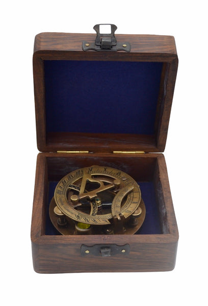 Bronze 3"  Round Folding Sundial Compass in a wood box