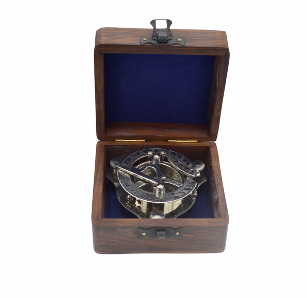 Chrome 2.5" Folding Sundial Compass in a wood box