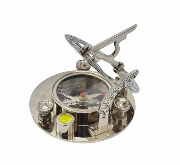Chrome 3" Round Folding Sundial Compass in a wood box