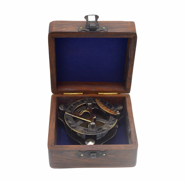 Black 2.5" Folding Sundial Compass in a wood box