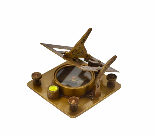Bronze 3"  Square Folding Sundial Compass in a Wood Box