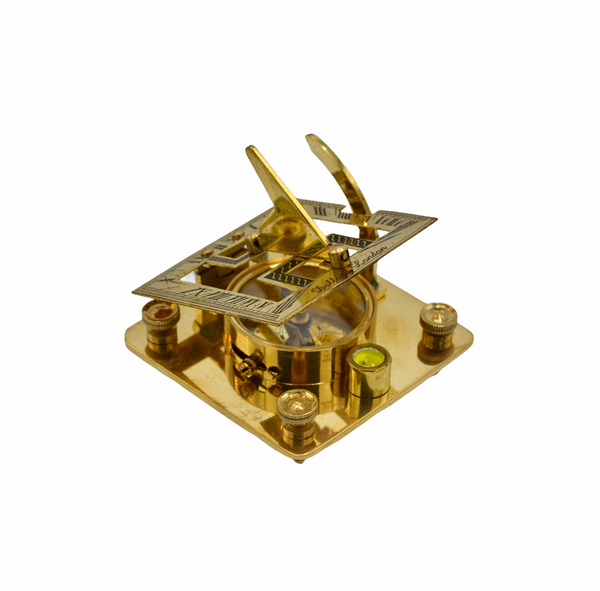 Brass 3" Square Folding Sundial Compass in a Etched Glass Top Box