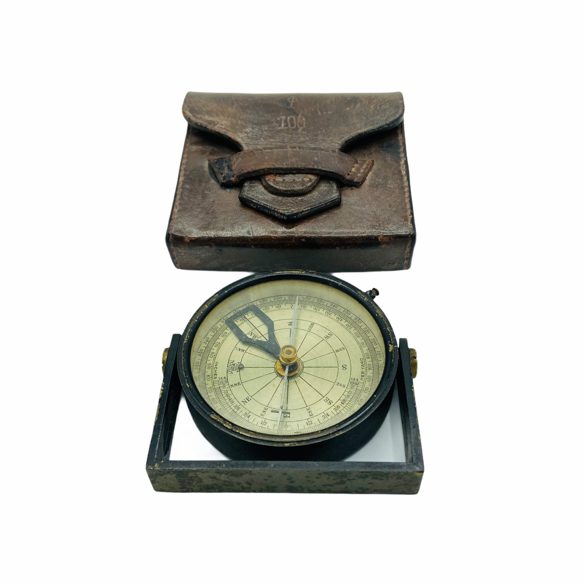 Antique British Forces circa 1928 Surveying Clinometer Compass in a Original Leather Case & Wood Box