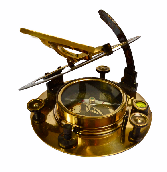 Big Brass 4.5" Round Folding Sundial Compass in a wood box