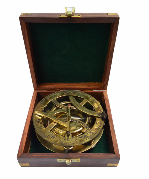 Big Brass 4.5" Round Folding Sundial Compass in a wood box