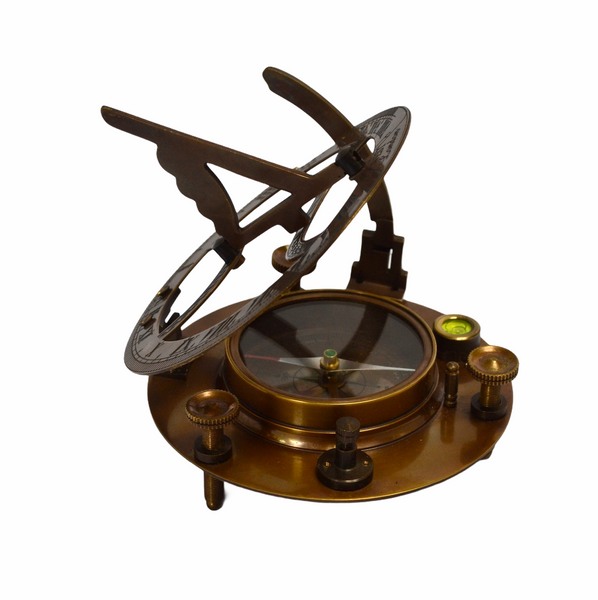 Big Bronze 4.5" Round Folding Sundial Compass in a wood box