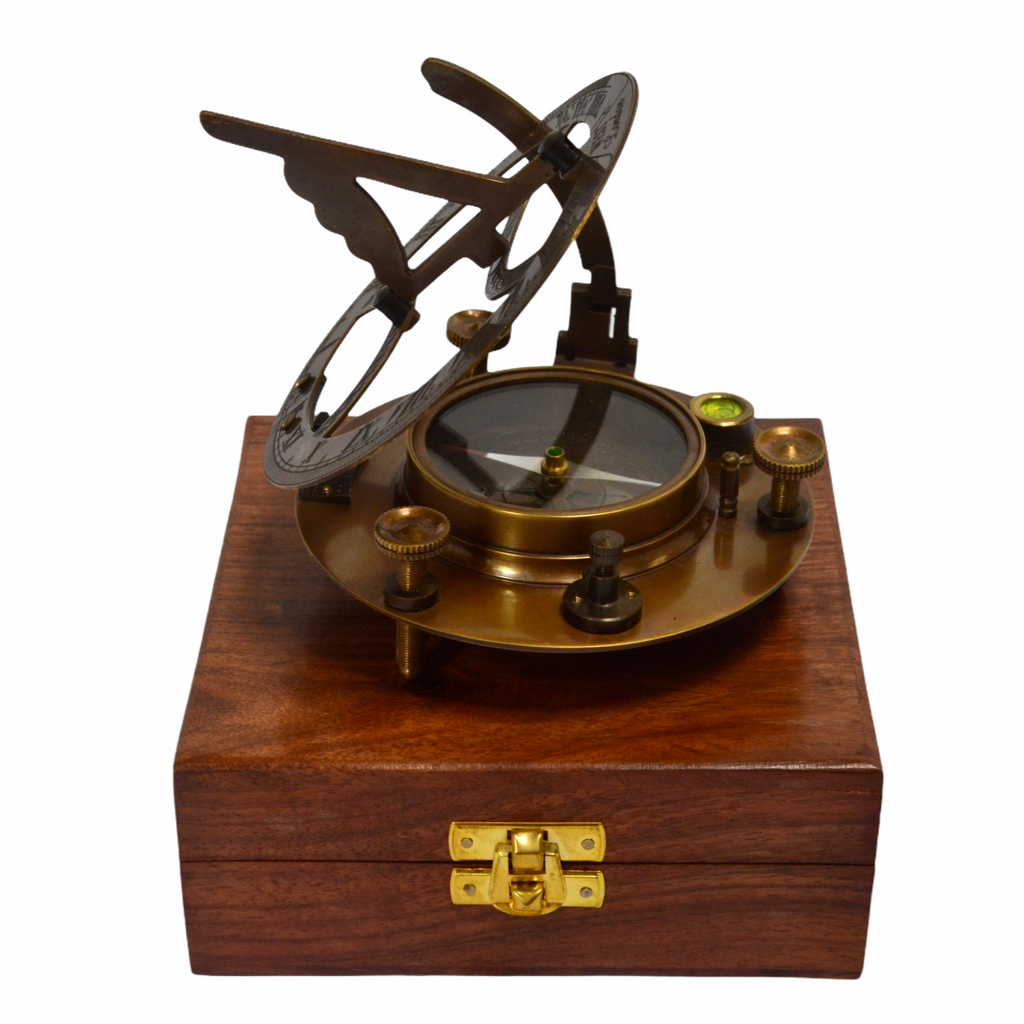 Big Bronze 4.5 Round Folding Sundial Compass in a wood box
