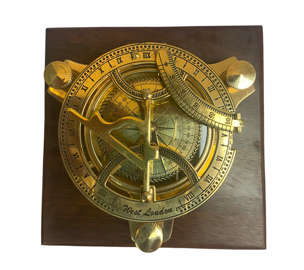 Medium 4" Brass Folding Sundial Compass in a wood box