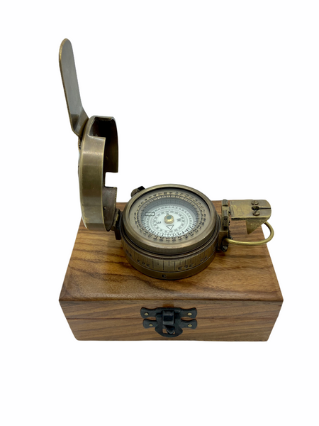 Bronze Army-Style Prismatic Marching Compass in a wood box