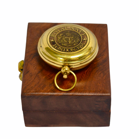 Brass Royal Navy Style 2" Pocket Compass in a Wood Box
