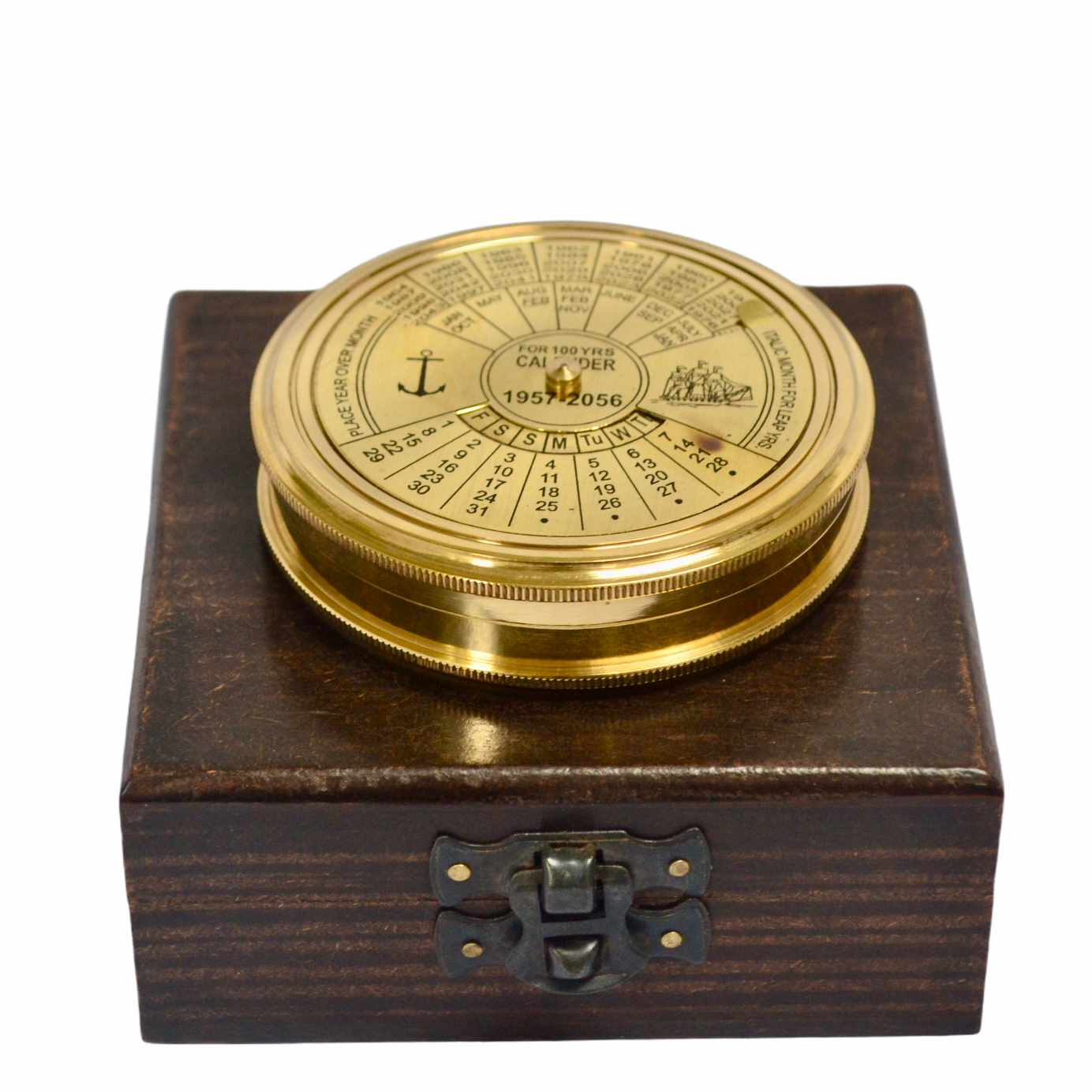 3" Large Brass Calendar Compass in a wood box