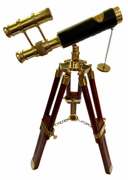 10-inch Brass Leather Double Telescope on a 15-inch Wood & Brass Tripod