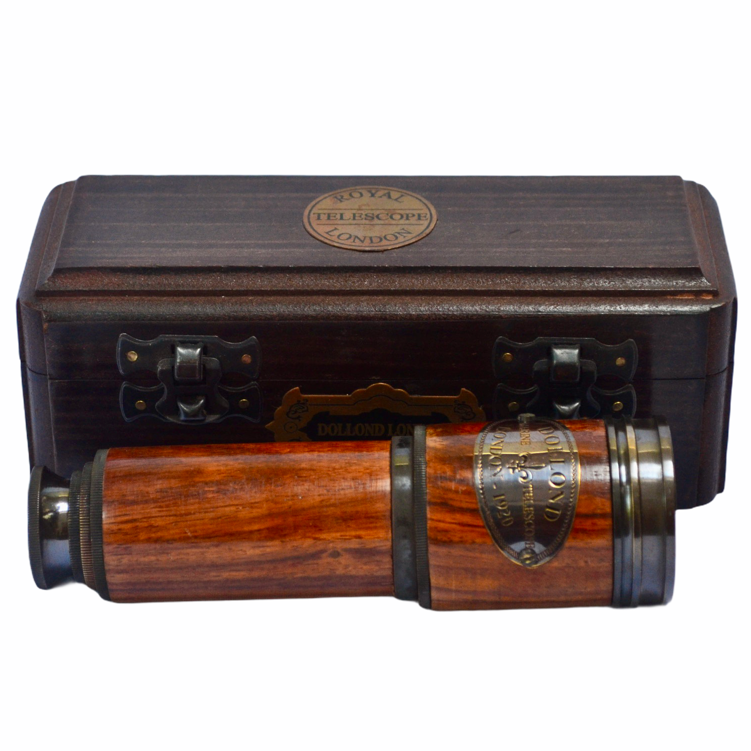 16" Black & Wood Dolland 4 Draw Telescope in a wood box