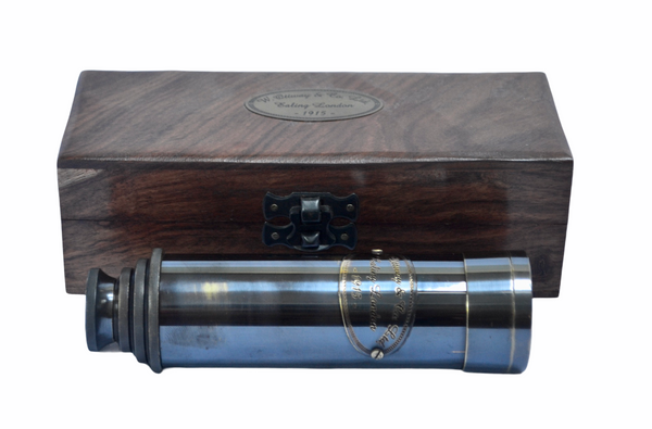 15.5" Black Gunmetal Ottway 4 Draw Telescope in a wood box.