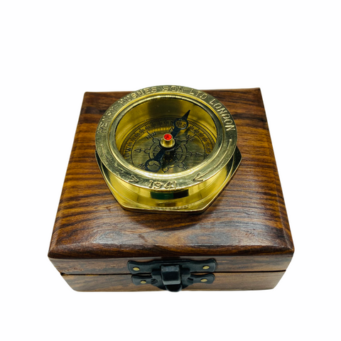 Brass 2.5" Large Navy Style Compass in a wood box.